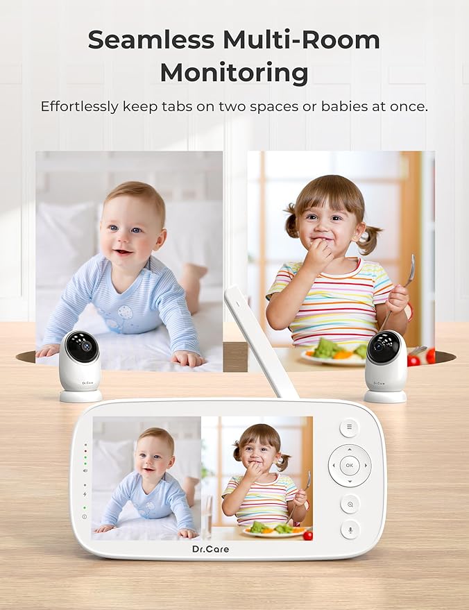 Dr.Care NovaView Video Baby Monitor - 5" 1080P Split Screen Display, 5000mAh Battery, Clear Night Vision, Real-Time/VOX, 2X/4X Zoom, 1000ft Range, 2-Way Audio, Pan & Tilt, No WiFi Baby Camera