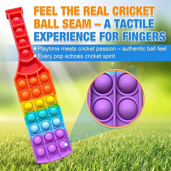 Cricket BAT Push Pop Bubble Fidget Toy – Build Focus | Stress Relief Sensory Toy | 0+ Baby Safe Silicone Fidget Bat with Cricket Ball Seam Texture | Pack of 1 Rainbow / Pack of 3 Colors