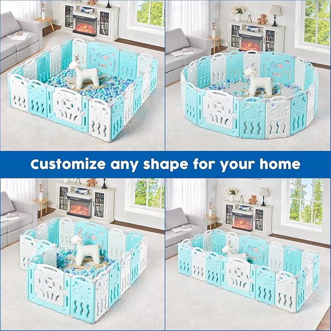Albott Baby Playpen, 14 Panels Foldable Baby Fence with Game Panel and Safety Gate, Adjustable Shape, Portable Play Yards for Children Toddlers Indoors or Outdoors (Blue+White, 14 Panel)