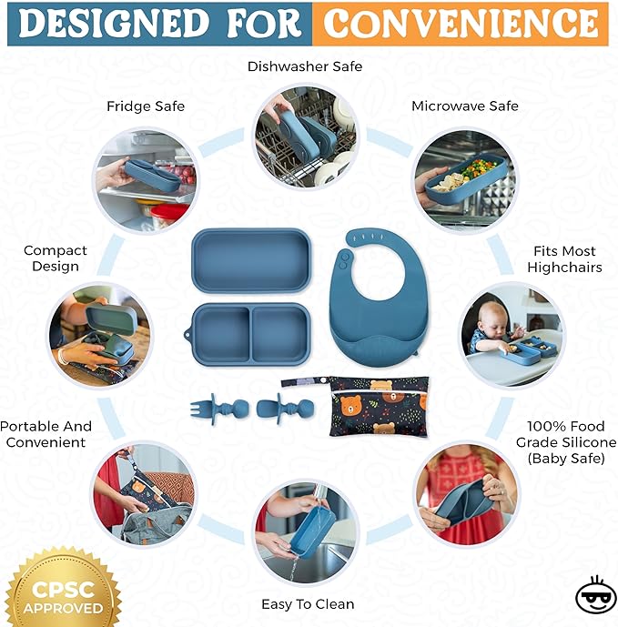 Travel Silicone Baby Feeding Essentials – Portable Toddler Plates with Suction, Soft Baby Spoon & Fork, Lightweight Foldable Silicone Bib & Waterproof Storage Bag – 6 Piece Set (dark blue)