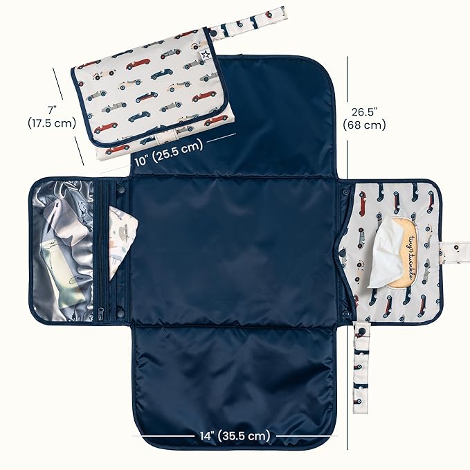 Tiny Twinkle Portable Diaper Changing Pad | Waterproof, Wipeable & Compact Baby Changing Pad for Travel | Smart Wipes Pocket & Organized Storage| Newborn Shower Gift (Vintage Cars)