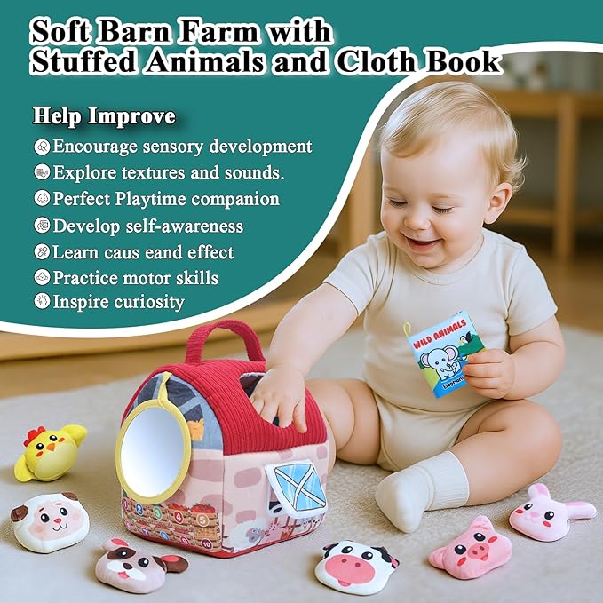 Baby Toys 6-12 Months, Surprise Barn Stuffed Farm Animals with Cloth Books, Rattle, Crinkle, Montessori Sensory Toys for 1-3 Old Infants, Plush Gifts for Boys Girls Valentines Day Birthday Easter