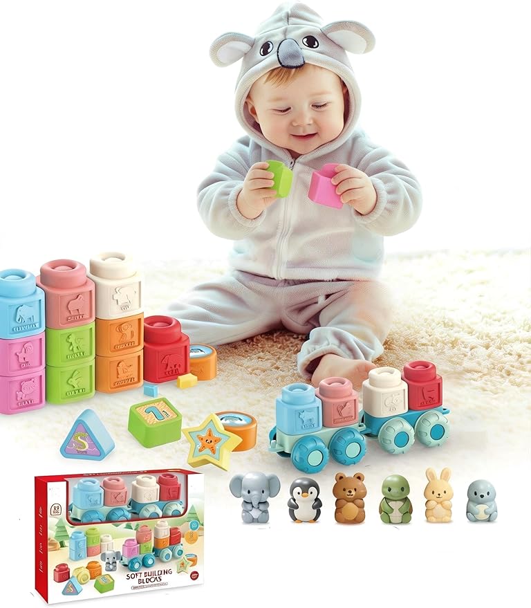 Soft Blocks Montessori Stacking Toys, 29 PCS Building Blocks, Learning Toy for Toddlers 1 2 3, Educational Learning with Fruits, Animals, Colors & Shapes, Connectable Vehicles Festival Gift