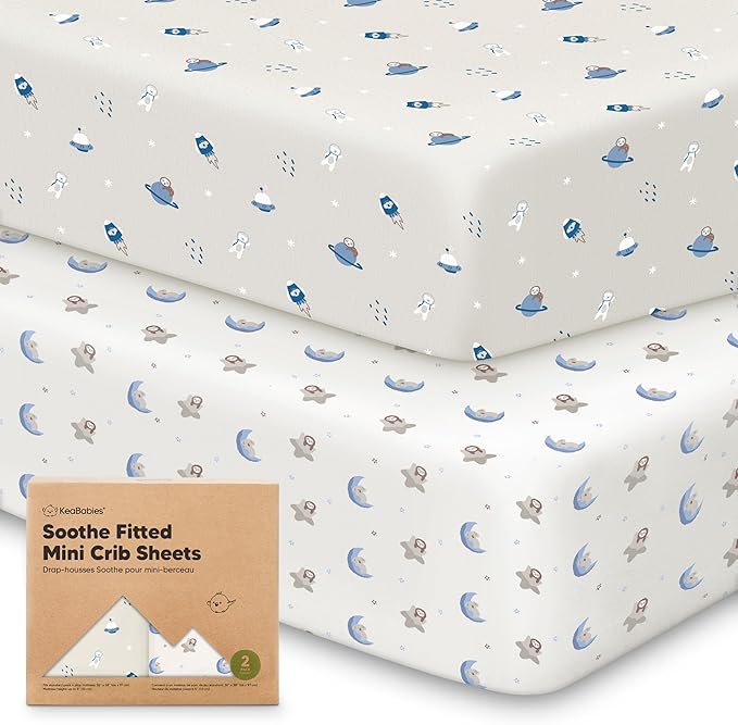 2-Pack Mini Crib Sheets Fitted - 38x26 Pack N Play Sheets for Pack and Play Mattress, Organic Cotton, Soft & Breathable Playard Bedding, Neutral Mini Toddler Bed Cover for Boys, Girls (Cosmo)