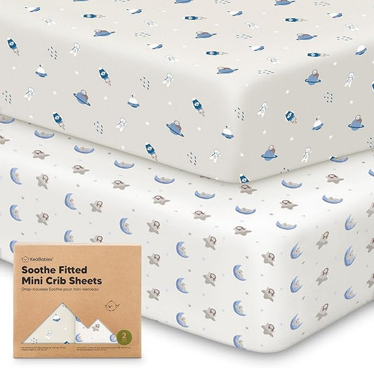 2-Pack Mini Crib Sheets Fitted - 38x26 Pack N Play Sheets for Pack and Play Mattress, Organic Cotton, Soft & Breathable Playard Bedding, Neutral Mini Toddler Bed Cover for Boys, Girls (Cosmo)