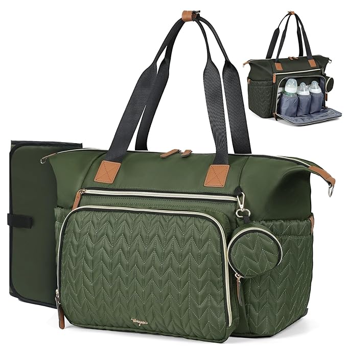 Diaper Bag Tote, Large Baby Diaper Bags Waterproof, Hospital Bag for Labor Delivery with Pacifier Case, Changing Pad, Shoulder Strap, Dark Green