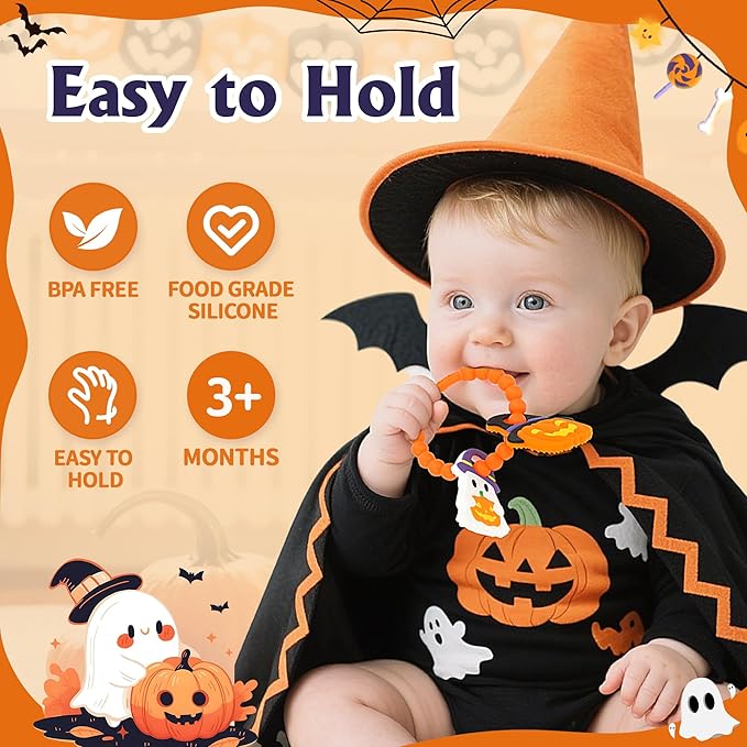 Baby Halloween Teething Toys, Soft Pumpkin & Ghost Textured Silicone Teether for 3-6 6-12 Months, BPA-Free Baby Halloween Teether Toys, Boo Basket Stuffers Sensory Gifts for Infant Boys & Girls