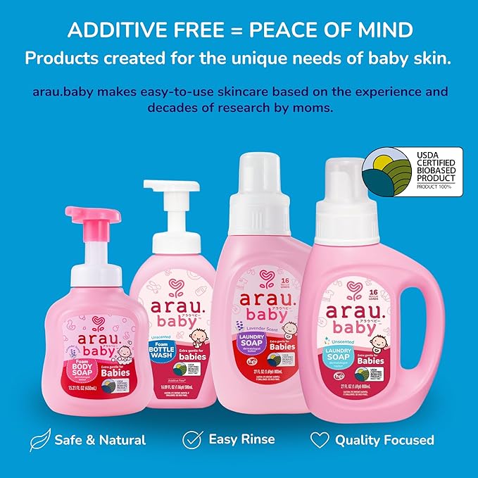 Arau Baby Unscented Foam Bottle Wash, Natural Plant Based Baby Bottle & Dish Soap, No Artificial Fragrance or Additives, Gentle for Washing Bottles, Pacifiers and Toys, Easy Rinse, 15.21 Fl Oz