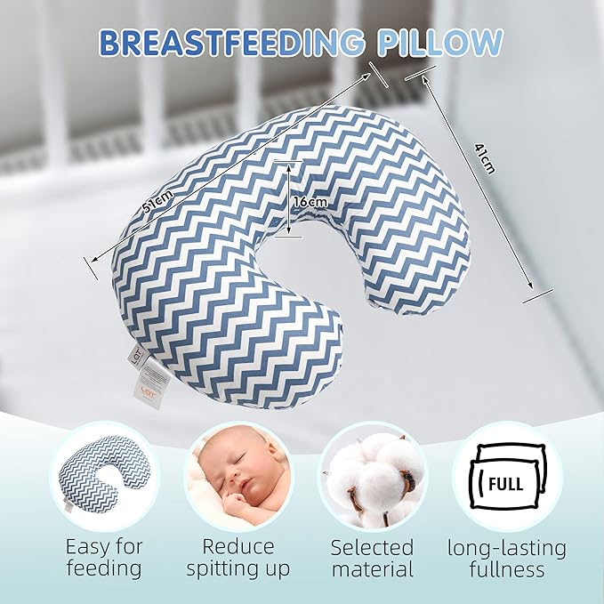 LAT Nursing Pillow for Breastfeeding,100% Cotton Removable Cover,Ergonomic Breast Feeding Pillows for Mom and Baby,Machine Washable(Blue Wave)