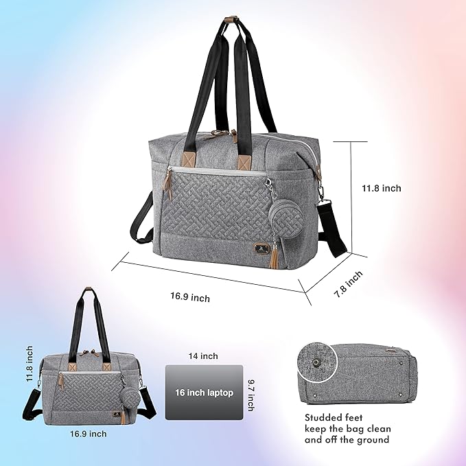 Dikaslon Diaper Bag Tote, Large Travel diaper tote for Mom and Dad, Multifunction baby tote bag for Boys and Girls with Pacifier Case and Changing Pad, Grey