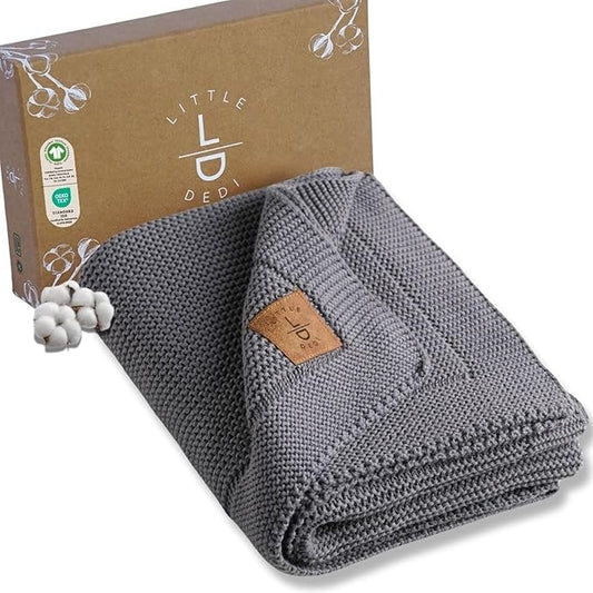Little Dedi 100% Organic Cotton GOTS Certified Baby Knitted Blanket with Gift Box - Soft Toddler, Crib, Stroller Blanket - Neutral Swaddle and Receiving Blanket for Newborns, 30"x40", Dark Grey