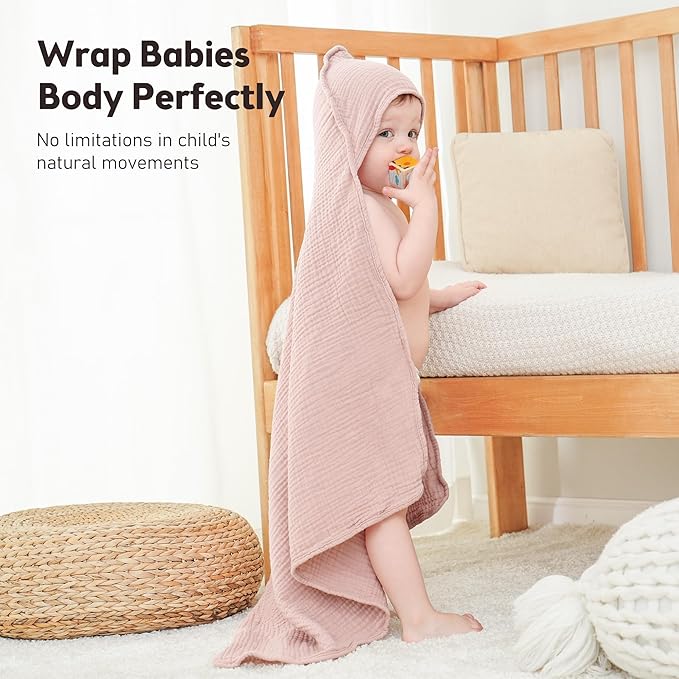 Susurration Hooded Baby Towels for Newborn 2 Pack 100% Muslin Cotton Towel for Babies，Highly Absorbent and Newborn Essential 30x30 Inch Pink&Purple