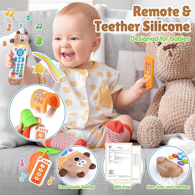 Baby Remote Control Toy with Phone Teether & Teething Keys & Car Remote, Remote Teether for Baby with Realistic Light and Sounds, Baby Musical Toys Gift for Boys Girls 6+ Months