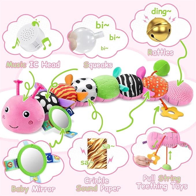 Baby Toys Sensory Musical Animal Stuffed Toy for Infant 0-3-6-12 Months Tummy Time Newborn, Plush Caterpillar with Mirror,Crinkle,Rattle Teething Toys for Baby Boys Girls Shower Gifts, Pink