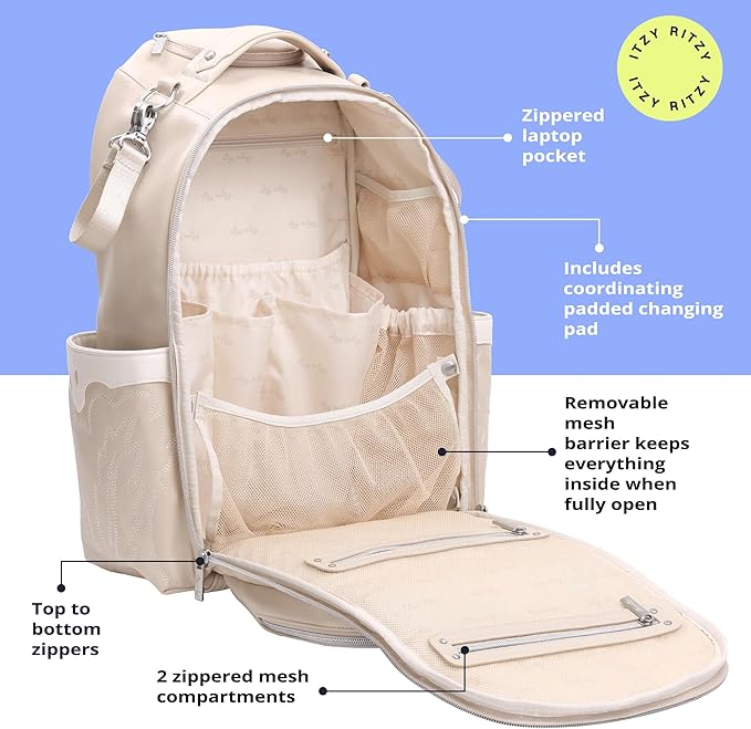 Itzy Ritzy Diaper Bag Backpack – Large Capacity Boss Plus Baby Backpack Diaper Bag Featuring 19 Pockets, Changing Pad, Stroller Clips, and Comfortable Backpack Straps, Oat