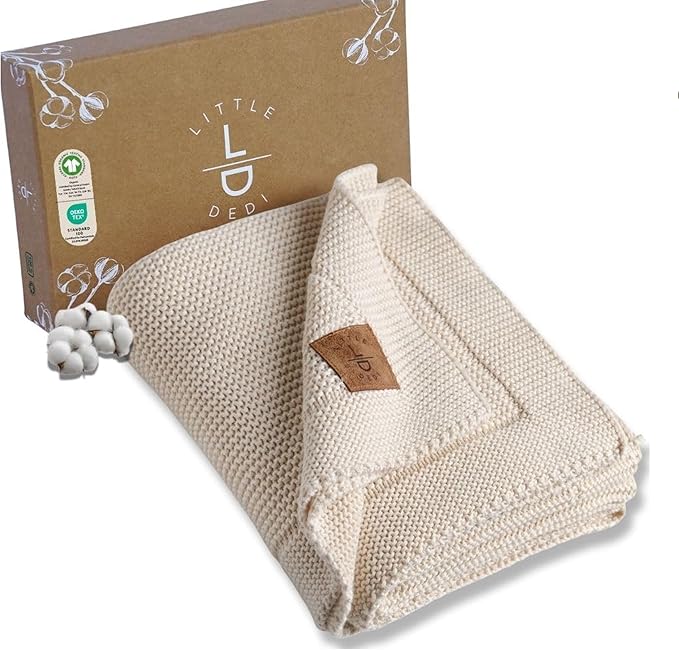 Little Dedi 100% Organic Cotton Baby Knitted Blanket with Gift Box - Soft Toddler, Crib, Stroller Blanket - Neutral Swaddle and Receiving Blanket for Newborns, 30"x40", Beige