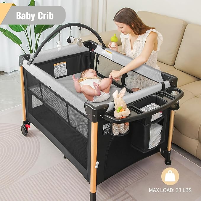 Baby Bassinet 5 in 1 Pack and Play,Baby Crib Adjustable Beside Sleeper One-Second &One-Hand Setup,Portable Playard Foldable Playpen for Newborn,Babies and Toddlers with Changing Table,Mattress (Black)