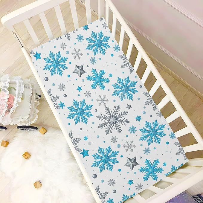 Pfrewn Christmas Crib Sheets for Boys Girls Silver and Blue Glittering Snowflakes Stars Fitted Crib Sheet for Mini Crib Mattress Stretch Soft Winter Pattern Toddler Baby Playard Sheet,39x27IN