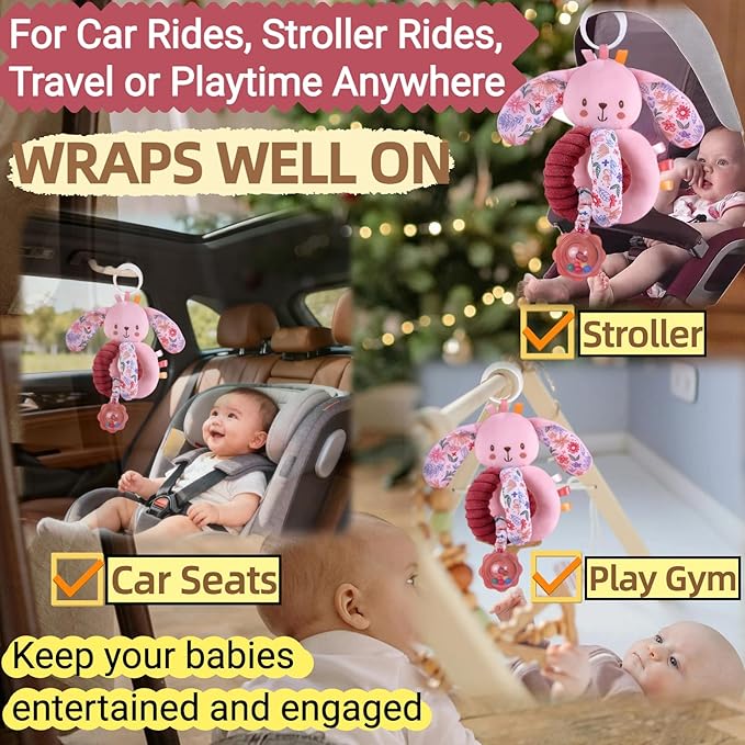 Baby Stroller Hanging Car Seat Toys for Infants 0-6 Months Girl 0-2-3-4-5-7-8 6-12 Month Old Newborn Valentines Gifts, Carseat Pink Plush Toy for Babies Play Gym Rattle Easter Basket Stuffers