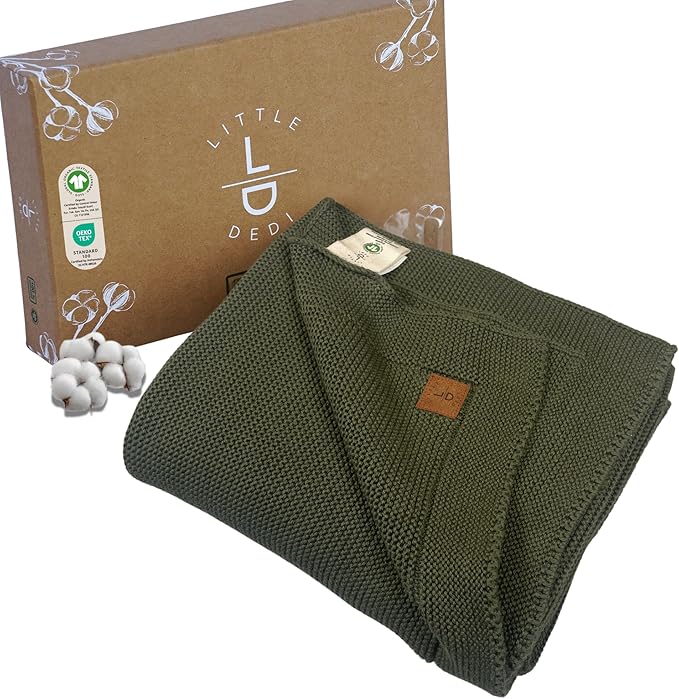 Little Dedi 100% Organic Cotton Baby Knitted Blanket with Gift Box - Soft Toddler, Crib, Stroller Blanket - Neutral Swaddle and Receiving Blanket for Newborns, 30"x40", Pepper Green