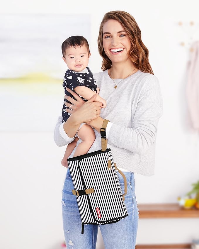 Skip Hop Pronto Signature Portable Changing Mat, Cushioned Diaper Changing Pad with Built-in Pillow, Black Stripe