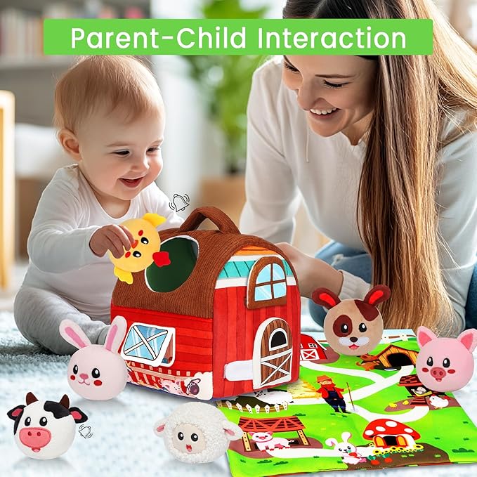 Avesa Baby Toys 6-12 Months - Soft Barn Toy with Stuffed Farm Animals, Rattle - Montessori Toys for Babies 6 Months Old Sensory Infant Toy Baby Valentines Day Gifts Easter Basket Stuffers