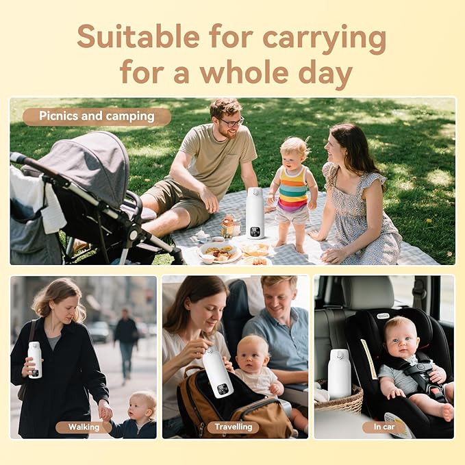 Portable Bottle Warmer for Travel - 3-Min Fast Heating for Breast Milk, Formula & Water, 17oz Large 316L Stainless Steel Flask, Long Battery Life, Precise Temp Control for Car/Airplane