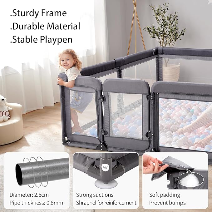 Baby Playpen,Extra Large Playpen for Babies and Toddlers, Sturdy Play Pen Play Yard with Safety Gate,79”x71”Baby Play Pen(Deep Grey)