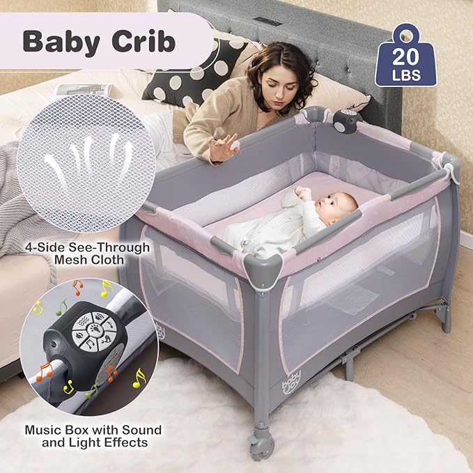 BABY JOY 5 in 1 Pack and Play, Portable Baby Playard w/Bassinet & Diaper Changing Table, Infant Pink Bassinet Crib with Toys & Music & Oxford Bag for Baby Girl Toddlers (Pink + Purple, Classic)