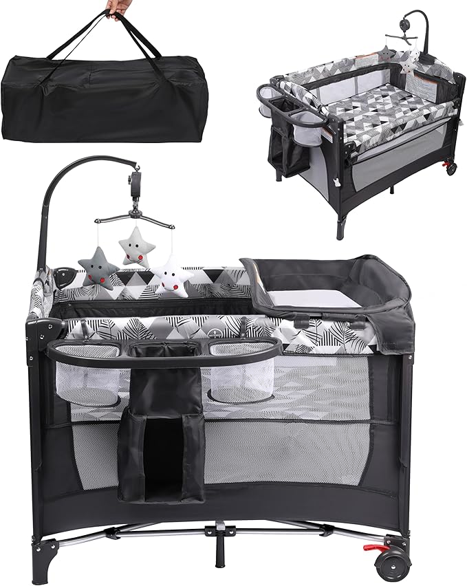 Xilingol 5-in-1 Pack and Play with Changing Table, Baby Bassinet Bedside Sleeper with Storage Bag & Music Box, Portable Baby Crib with Carry Bag, Foldable Playard with Bassinet for Newborn to Toddlers