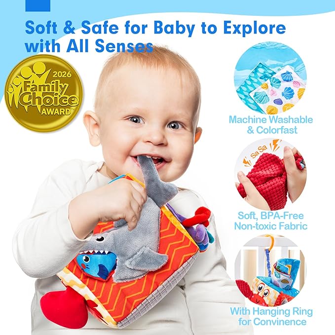 hahaland Baby Tissue Box Toy, Baby Toys 6-12 Months Montessori Toys for 6 Month Old, Textured Tails, Crinkle Tissues, Squeaky, Mirror, Silks Sensoy Scarves Baby Gifts Valentines Easter Basket Stuffers