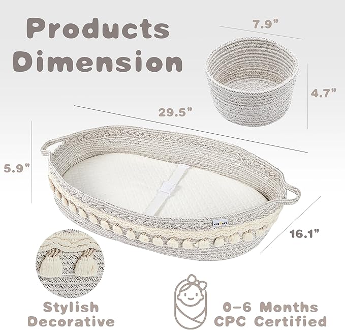 Baby Changing Basket, Foldable Portable Changing Pad, Moses Basket for Newborn, Changing Table Topper for Dresser, Cotton Rope Diaper Caddy for Travel&Nursery, Waterproof Foam Pad Cover, Off-White