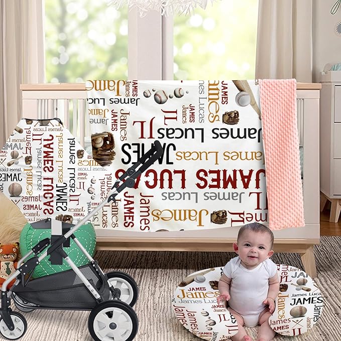 Rucekia Baby Nursing Pillow Cover - Personalized Name Baseballs Design Breastfeeding U-Shaped for Bottle Feeding, Ultra Soft Comfortable Breastfeeding Pillow Cover for Infant Baby Boys and Girls