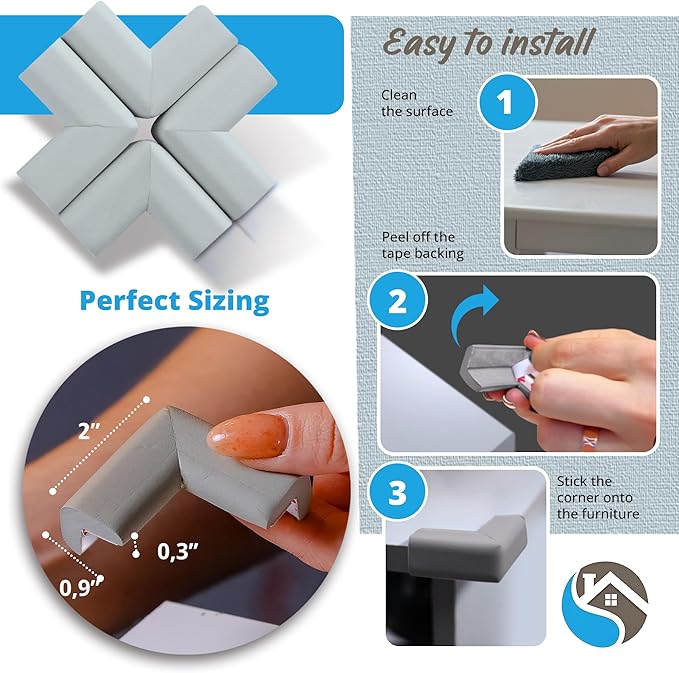 12-Pack Corner Protectors Baby Proof, Furniture Corner and Edge Safety Bumpers, Soft Rubber Foam Cushion Covers, 3M Taped Corner Guards, Baby Child Proofing Pads, Table Corner Protectors, Gray