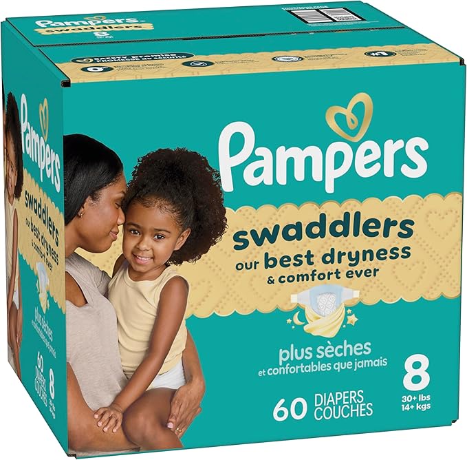 Pampers Swaddlers Diapers, Size 8 (30+ lbs), 60 Count, Absorbent, Keeps Baby Dry and Comfortable, Skin Safe Disposable Baby Diaper (Packaging May Vary)