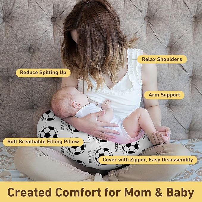 Rucekia Baby Nursing Pillow Cover - Personalized Name White Soccer Theme Breastfeeding U-Shaped for Bottle Feeding, Ultra Soft Comfortable Breastfeeding Pillow Cover for Infant Baby Boys and Girls