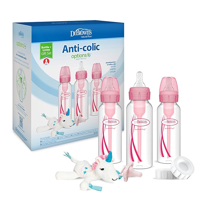 Dr. Brown's Natural Flow Anti-Colic Options+Narrow 8oz/250mL Baby Bottle + Lovey Gift Set with Level 1 Slow Flow Nipples, Pink