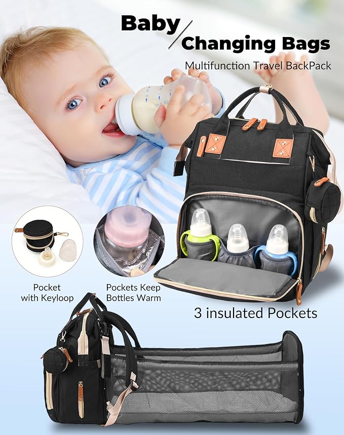 Diaper Bag with Changing Station, Waterproof 3 in 1 Baby Diaper Backpack with Foldable Changing Pad, Large Travel Back Pack for Baby Girl Boy, Baby essentials, Black