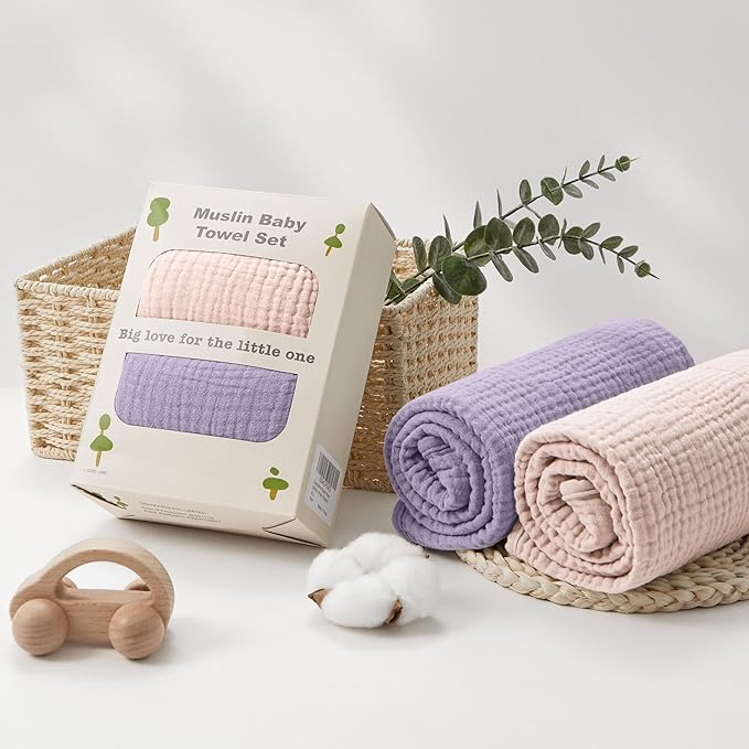 Susurration Hooded Baby Towels for Newborn 2 Pack 100% Muslin Cotton Towel for Babies，Highly Absorbent and Newborn Essential 30x30 Inch Pink&Purple