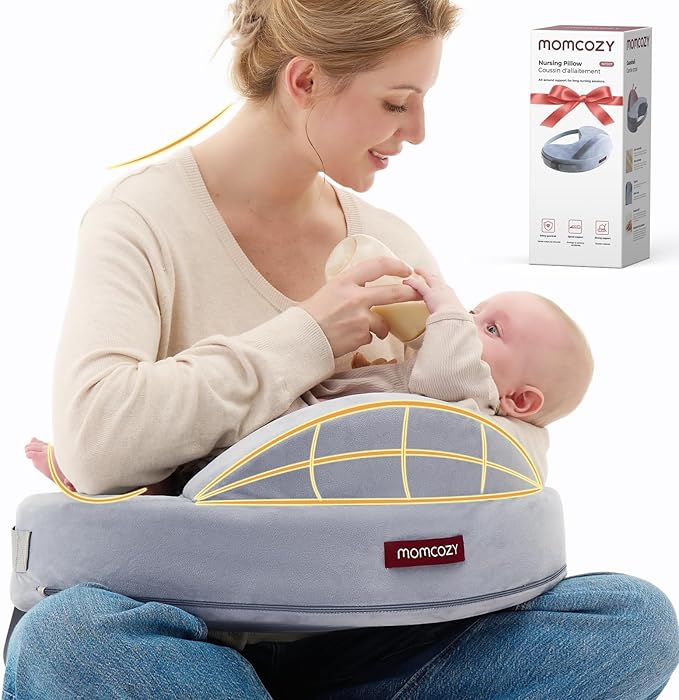Momcozy Innovative Safety Guard Nursing Pillow - Firm & Springy Memory Foam - Stable, Ergonomic Support & Comfort - Wider Breastfeeding Cushion, Adjustable, Removable Cover, Baby Safety Certified