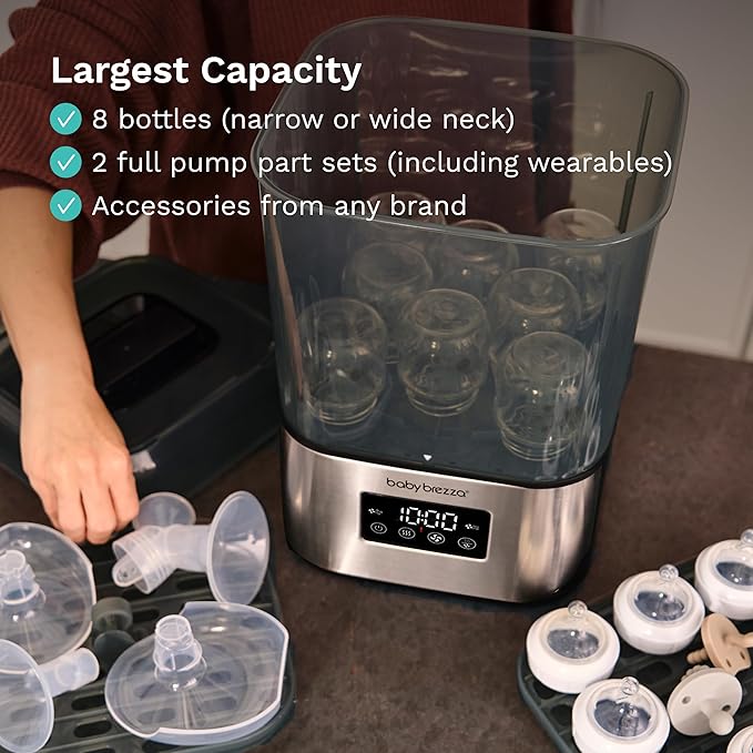 Baby Brezza 10 Minute SuperQuick Bottle Sterilizer + Dryer - Large 8 Bottle Capacity - Steam Sanitization – Universal Fit for All Bottles: Plastic + Glass + Pacifiers + Breast Pump Parts, Stainless