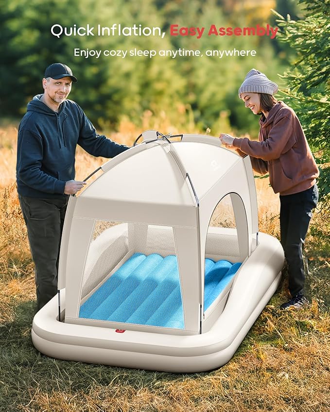 QPAU Inflatable Toddler Travel Bed with Tent, Portable Kids Air Mattress with Safety Sides, Ideal for Home, Grandma's, Camping, Traveling -Includes Fast Electric Pump