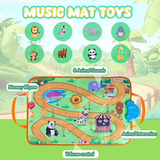 New Pull Back Vehicle & Music Mat Set, Soft Baby Toy Set with 4 Cute Animal Cars and Touch Play Blanket, New Interactive Mode, Folding and Storage 2-in-1, First Birthday Gifts for Toddler Toys 1-3