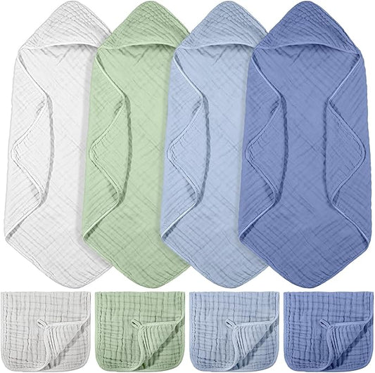 VitalCozy 8 Pcs Baby Muslin Hooded Bath Towels and Washcloths, 32 x 32 Inch Muslin Cotton Hooded Baby Towels Absorbent Blankets for Gift Newborn Infant Shower (Calming Color)