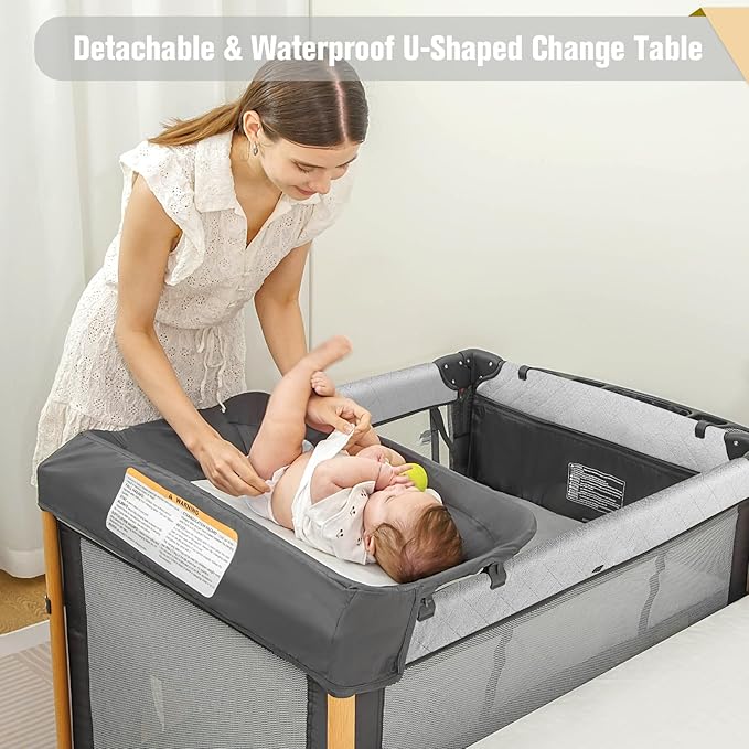 Baby Bassinet 5 in 1 Pack and Play,Baby Crib Adjustable Beside Sleeper One-Second &One-Hand Setup,Portable Playard Foldable Playpen for Newborn,Babies and Toddlers with Changing Table,Mattress (Grey)