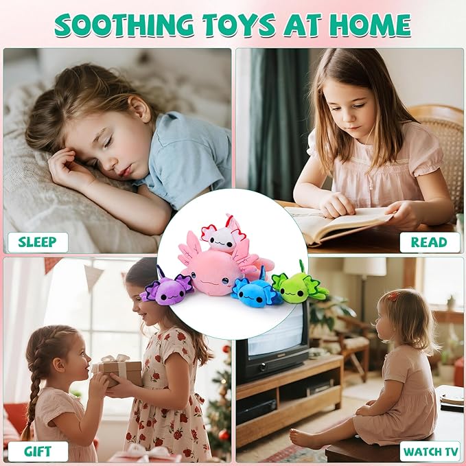 Axolotl Plush Toy Set for Ages 3 4 5 6 7 8+ Year Old - Axolotl Mommy & 4 Slap Bracelets Baby Axolotls, Soft Stuffed Animals, Christmas Birthday Gifts for Boys and Girls