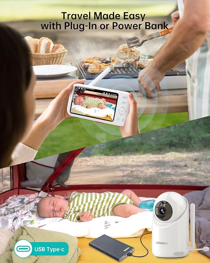 Jartoo 2K 5.5" Video Baby Monitor with Camera and Audio,AI Cry Detect 1860ft Long Range Baby Monitor No WiFi Baby Camera Wireless,Clear Night Vision,ANC, 2-Way Talk,White Noise,6000mAh [2025 New]