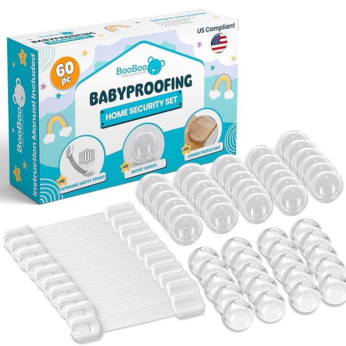 Booboo (60 Pack) Child Safety Baby Proofing Kit | x10 Cabinet Drawer Locks, x20 Corner Guards, x30 Outlet Covers | Baby Proof Your Home & Kitchen with No Trapped Fingers | No Tools Needed