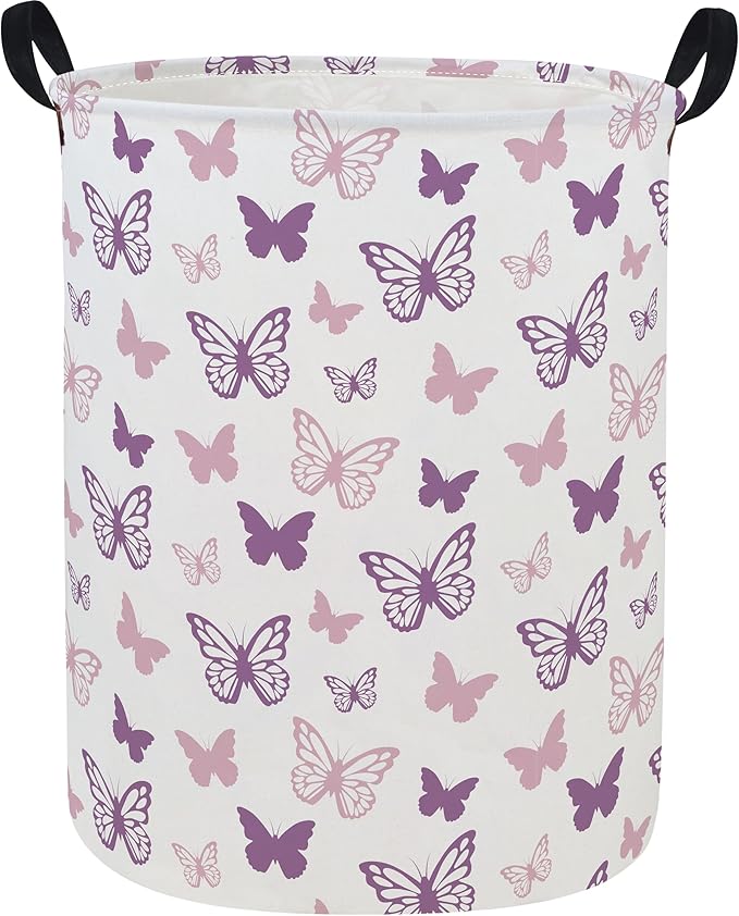 ESSME Butterfly Laundry Basket,Kids Hamper Collapsible Canvas Waterproof Storage Bin for Girls, Nursery Hamper,Gift Baskets,toy bins(Purple Butterfly)
