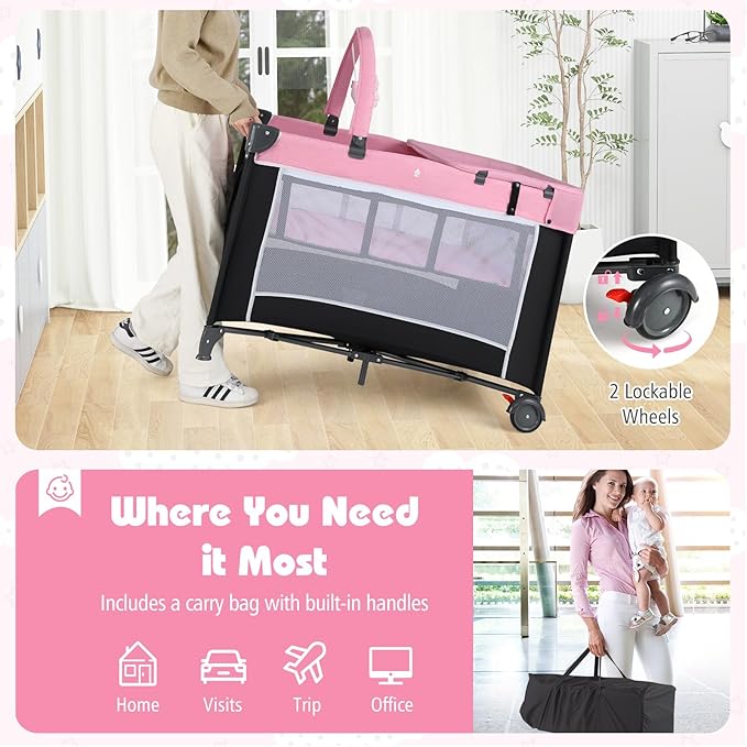 HONEY JOY Pack and Play, 4 in 1 Folding Infant Playpen with Bassinet, Quickly Assembled, Breathable Mesh Fabric, Carry Bag, Diaper Changing Table, Toys, Portable Crib for Babies & Toddlers (Pink)